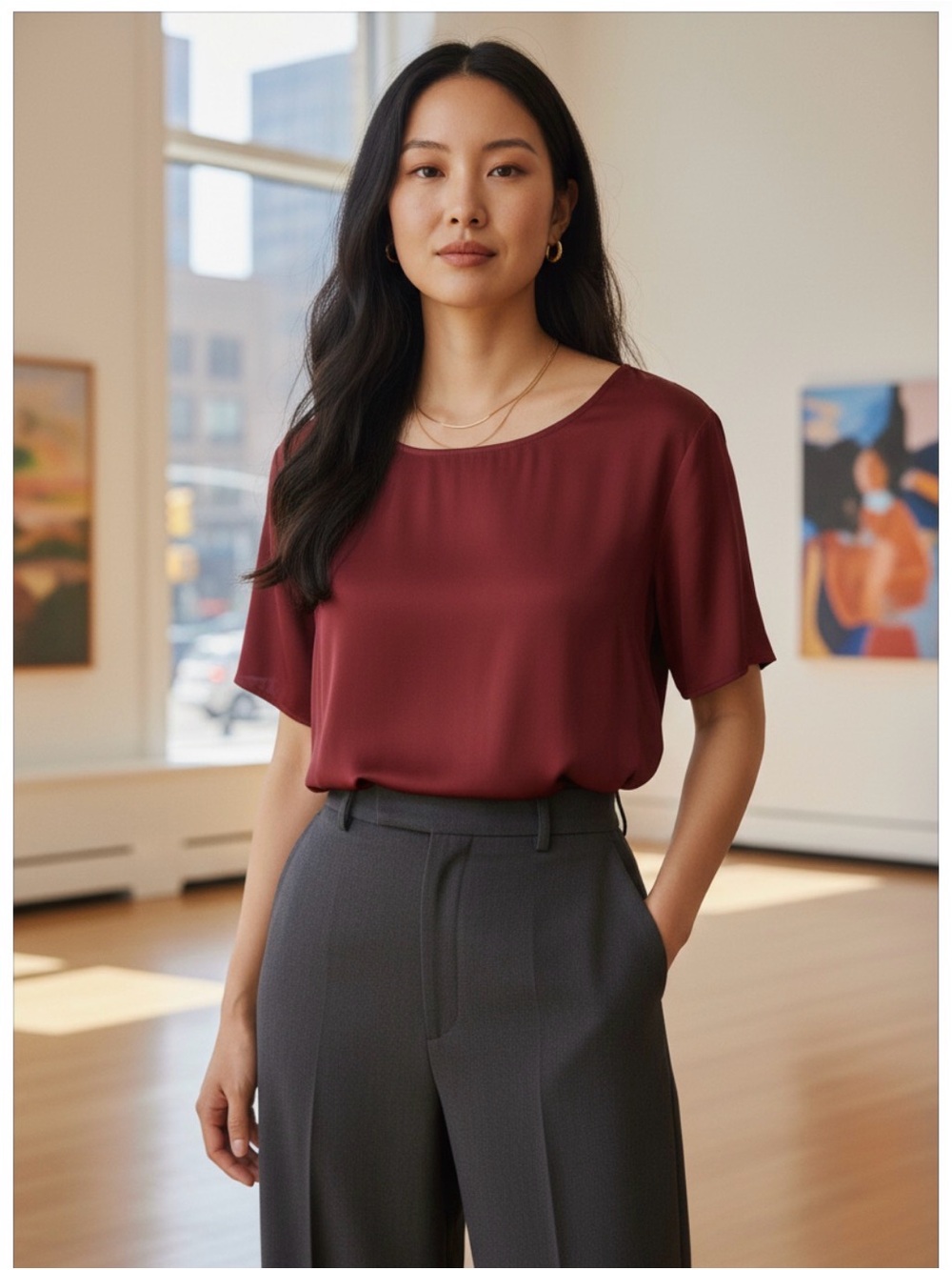 Quince Women's Short Sleeve Silk Blouse in Wine